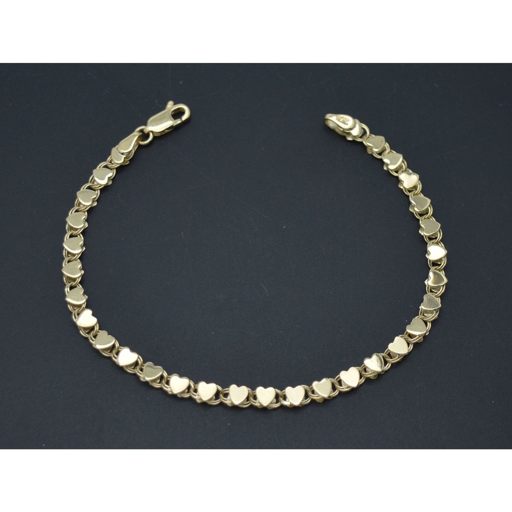 Real 10k Yellow Solid Gold 3.6mm Mirrored Heart Link Chain Charm Bracelet 7"- 8"